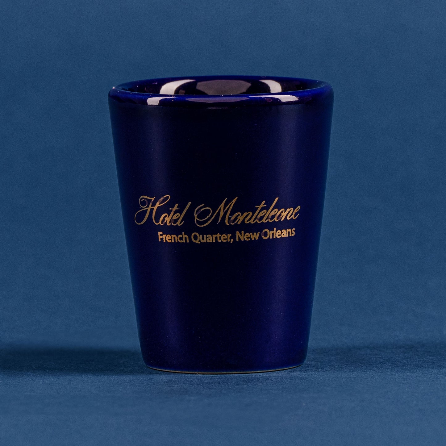 Navy Glass Shot Glass with Metallic Gold Logo