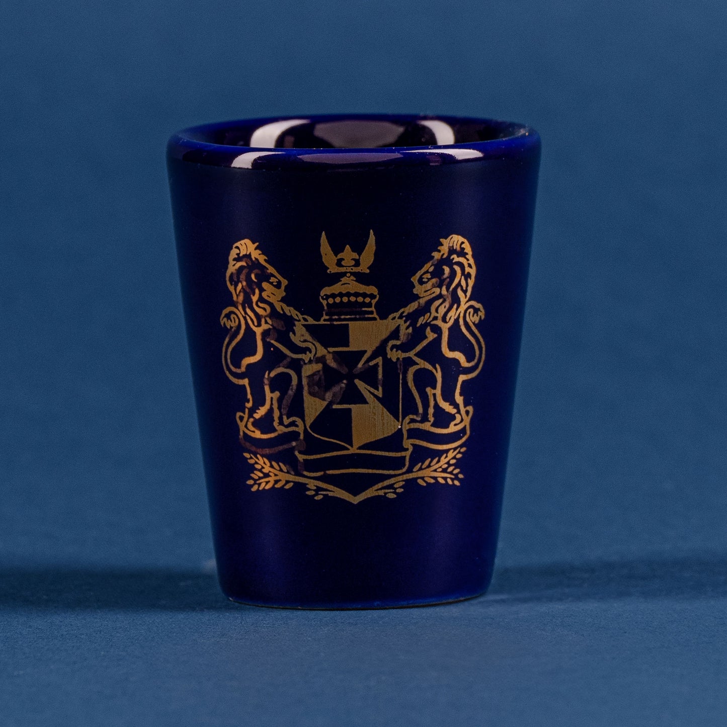 Navy Glass Shot Glass with Metallic Gold Logo
