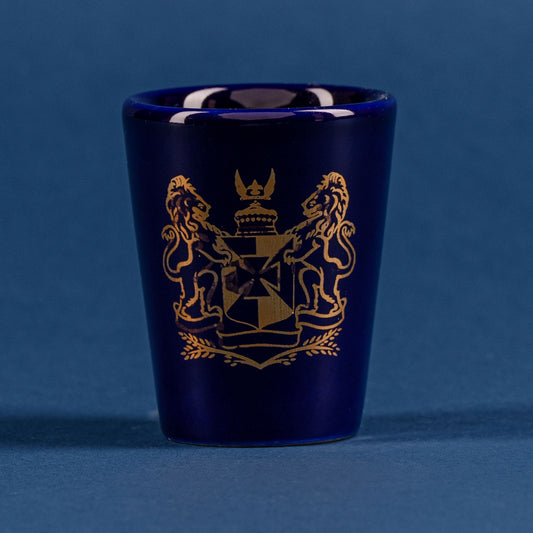 Navy Glass Shot Glass with Metallic Gold Logo
